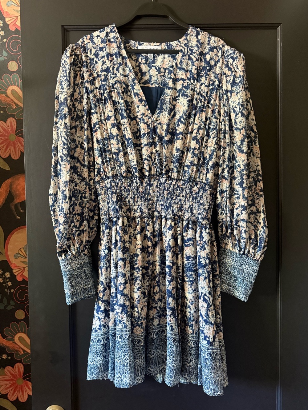 Intermix Silk Blend Blue Floral Mini Dress Boho Smocked 6 Ruffles Long Sleeve